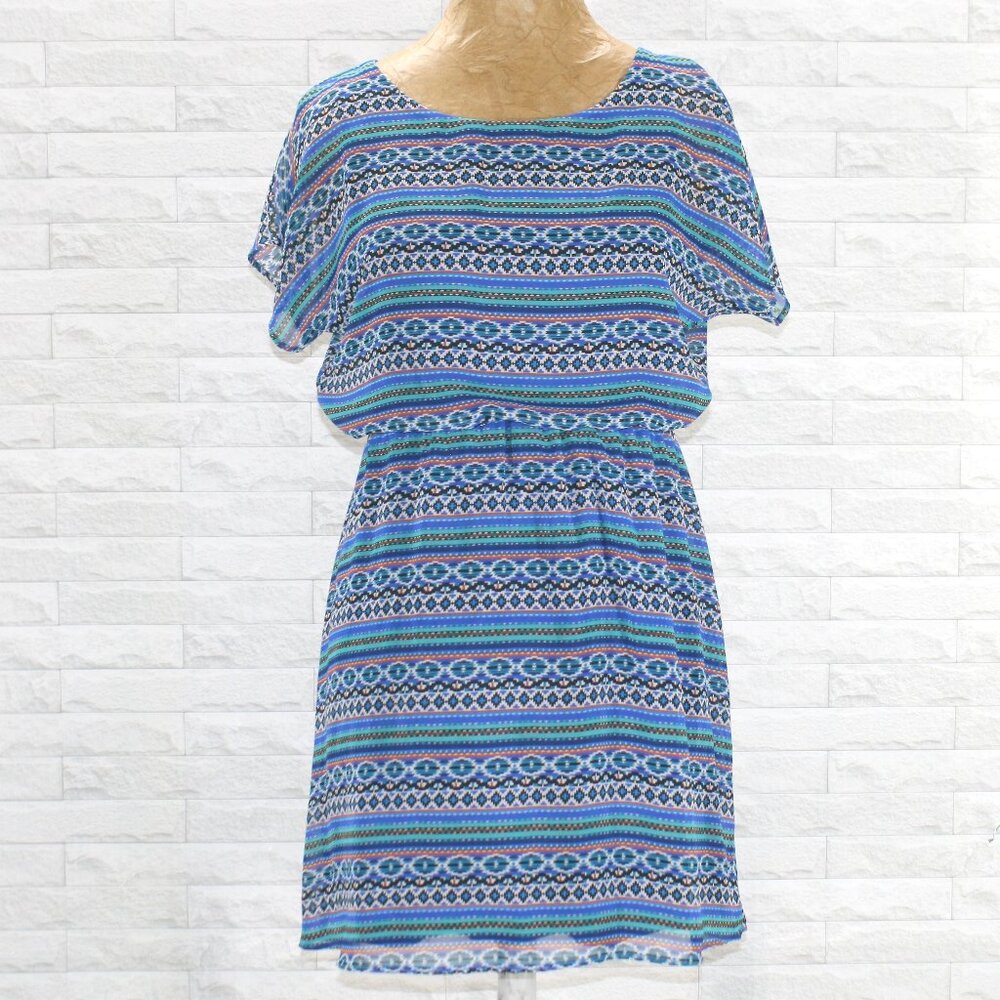 LUSH Dress Flowy Aztec Stripe Wrap Cut-Out Back Mini Summer Blue X-Small